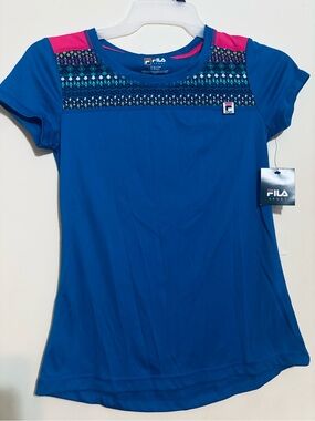 FILA Women's Blue Short-Sleeve Athletic Tee with Pink Shoulder Panels